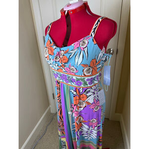 Women's London Times Aqua Orange Floral Maxi Dress 14W